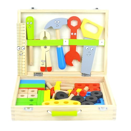 Holzwerkzeugset, Holzwerkzeugkasten | 69-teiliges Cartoon-Spielwerkzeug-Werkbank-Set aus Holz - Pädagogischer Werkzeugsatz für Kinder, Konstruktionsspielzeug, tragbarer Werkzeugkasten aus Holz für und von Generic