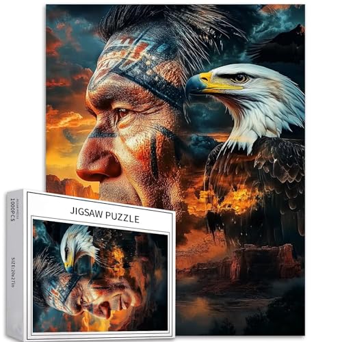 Indianerhäuptling verbindet sich mit Weißkopfseeadlern und schönen Landschaften, 1000-teiliges Puzzle für Erwachsene, buntes DIY-Puzzle, Heimdekoration, Geschenke, Familienpuzzle, perfekt für von Generic