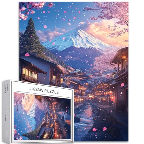 Japanisches Dorf Puzzle für Erwachsene, Kirschblüte, fallende Szene, Kunst-Puzzle, herausfordernde Familienaktivitäten, buntes Bastelpuzzle für Heimdekoration, Geschenke, 50 x 70 cm, 1000 Teile von Generic