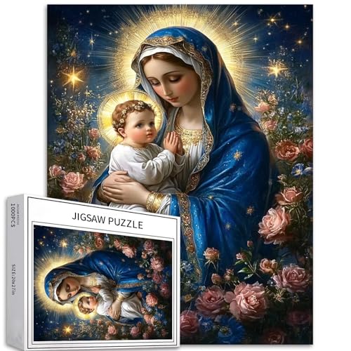 Jungfrau Maria hält Jesuskind 1000 Teile Puzzle für Erwachsene Christentum Puzzles Theotokos Puzzle 68,6 x 50,8 cm herausfordernde Familienaktivitätsspiele buntes DIY Handwerk Puzzle für von Generic