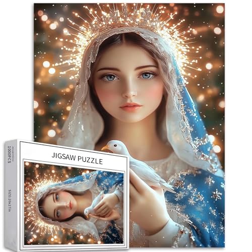 Jungfrau Maria hält Taube 1000 Teile Puzzle für Erwachsene Christentum Puzzles 68,6 x 50,8 cm Theotokos Puzzle herausfordernde Familienaktivitätsspiele buntes DIY Handwerk Puzzle für Heimdekoration von Generic