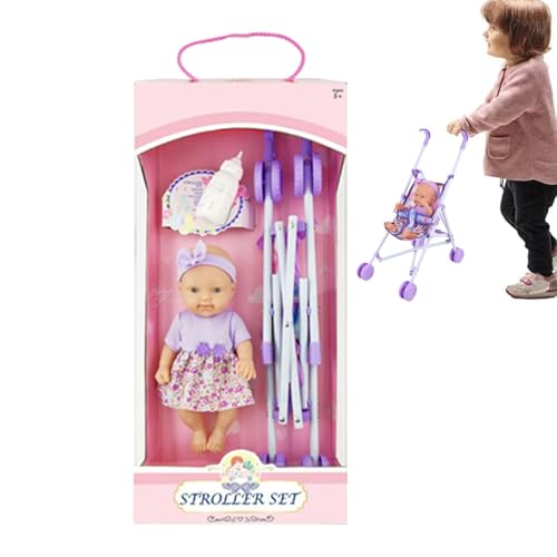 Kids Doll KROLLER Set - FALDBABE Baby DUVK PLAM, Kindergartenpuppe | Puppenwagen 10-Zoll-Neugeborenen-Simulationsdesign tun ply Kinderwagen mit Flasche, leichtem und tragbarem Spielzeug für Kleinkin von Generic