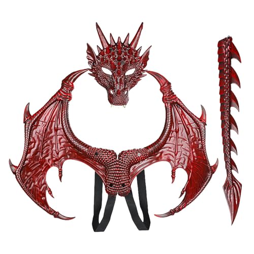 Kinder-Drachen-Cosplay-Set – Drachen-Themen-Cosplay-Set – Kinder-Halloween-Drachen-Ausrüstung | Halloween-Drachen-Cosplay-Set für Kinder mit Flügeln, Schwanz und Maske, Drachenflügel-Schwanz-Gesichtsb von Generic