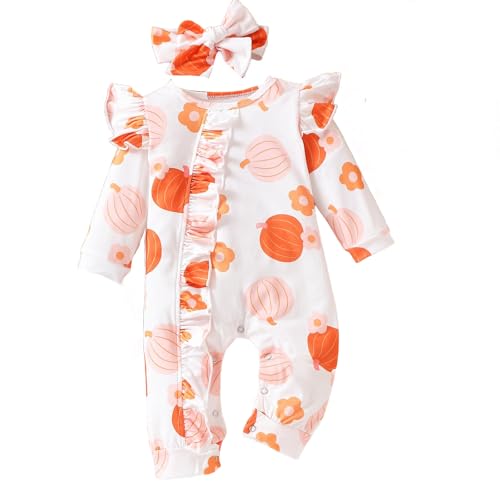 +Kinder Halloween wojonifuiliy01 Set - Neugeborenen Baby Mädchen Jungen Rüschen Floral Footed Sleeper Strampler Stirnband Kleidung Outfits Set (White, 0-3 Months) von Generic