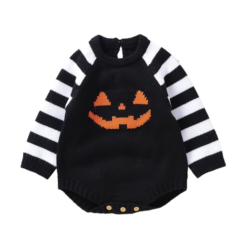 +Kinder Halloween wojonifuiliy01 Set - Neugeborenes Baby Mädchen Jungen Rundhals Halloween Outfits Gestreifter Langarm Kürbis Strampler Strickpullover Bodysuit Overall (Black, 6-9 Months) von Generic