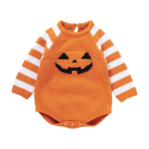 +Kinder Halloween wojonifuiliy01 Set - Neugeborenes Baby Mädchen Jungen Rundhals Halloween Outfits Gestreifter Langarm Kürbis Strampler Strickpullover Bodysuit Overall (Orange, 9-12 Months) von Generic