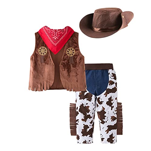 Kinder Kleinkind Baby Jungen Ärmellos Western Cowboy Kostüm Für Kinder Kinder Cosplay Weste Hut Schal Hose 4er Set Halloween Party Fantasia Dress Up 6 Monate Baby Kleidung Junge von Generic