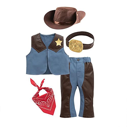 Kinder Kleinkind Baby Jungen Ärmellos Western Cowboy Kostüm Für Kinder Kinder Cosplay Weste Hut Schal Hosen Gürtel 5er Set Halloween Party Trägerhose Baby (Blue, 3-4 Years) von Generic