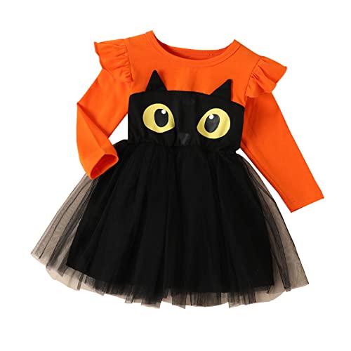 Kinder Kleinkind Baby Mädchen Halloween Kleid Langarm Fledermaus Print Tutu Kleid Halloween Outfit Kleidung Halloween Kostüm Cosplay Kinder Festlich Kleid Halloween Tüllkleid (Orange, 18-24 Months) von Generic