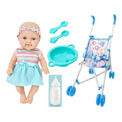 Kinderpuppen-Kinderwagen-Set, Kleinkindpuppe Mit Kinderwagen - Spielkinderwagen Für Puppen Mit Fütterungszubehör | 10-Zoll-Puppen-Rollenspielset Mit Kinderwagenzubehör, Weiche Puppen Für Mädchen Ab 3 von Generic