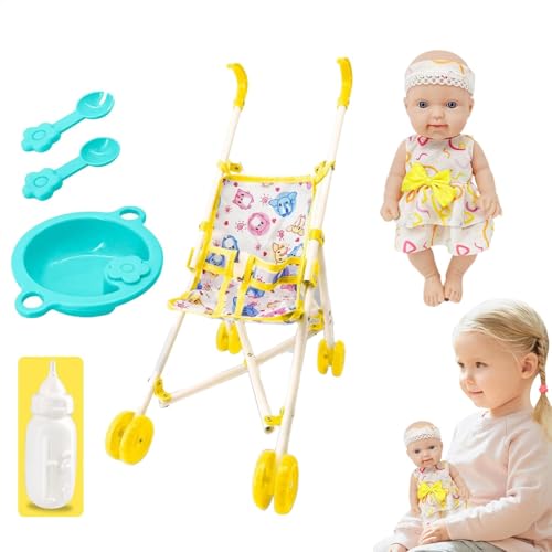 Kinderpuppen-Kinderwagen-Set, Kleinkindpuppe mit Kinderwagen,Spielkinderwagen für Puppen mit Fütterungszubehör - 10-Zoll-Puppen-Spielset, Kinderwagen-Spielzeug für Kinder, spielen Kinderwagen, Kleinki von Generic