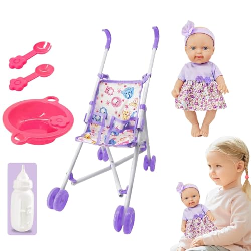 Kinderpuppen-Kinderwagen-Set, Kleinkindpuppe mit Kinderwagen - Kinderpuppen-Kinderwagenspielzeug für Kleinkinder,10-Zoll-Puppen-Rollenspielset mit Kinderwagenzubehör, weiche Puppen für Mädchen ab 3 Ja von Generic