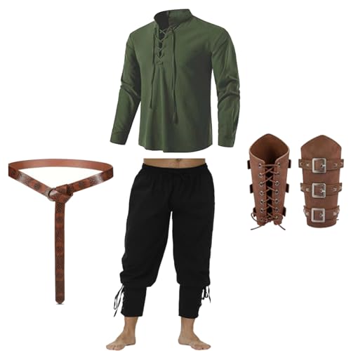 Kostüm Mittelalter Kleidung Herren Set Herren Renaissance Kostüm Set mit Leinenhemd Herren Mittelalterliches Piratenhemd Mittelalter Hose mit Knöchelriemen Kostüm von Generic