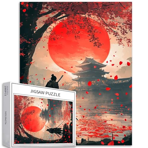 Krieger und alte Tempel, 1000-teiliges Puzzle für Erwachsene, Sakura-Baum und Blütenblätter, Szenen-Kunst-Puzzle, bunt, DIY-Puzzles für Heimdekoration, Geschenke, Familienpuzzle, perfekt für von Generic