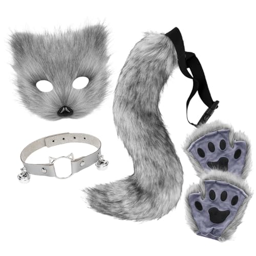 Kunstpelz Fuchs Maske Wolf Katze flauschiger Schwanz und Leder Halskette Set Halloween Karneval Party Cosplay Kostüm Accessoire von Generic