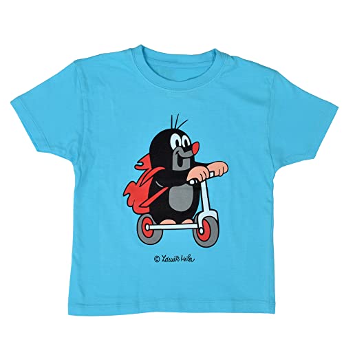 Kurzärmeliges T-Shirt Cartoon Muster Tiermotiv Original Der Kleine Maulwurf The Little Mole Krtek Krtecek Blau, Maulwurf und Roller, 118-128, für Kinder Jungen Mädchen Unisex von Generic