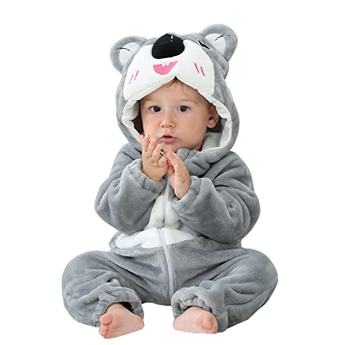 Langarm Fleece Strampler Baby Fleece Overall Cartoon Tier Kostüm Niedlich Kinder Strampler Plüsch Cosplay Tier Bodysuit Halloween Karneval Cosplay Kostüm Winter Overall Karneval (Grey, 6-12 Months) von Generic