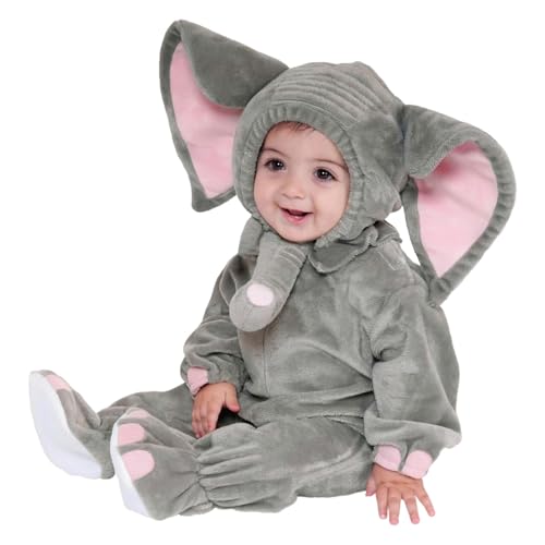 Langarm-Strampler Cartoon Elefant Cosplay Kostüm Baby Fleece Overall+Hut Flanell Bodysuit Karikatur Niedlich Kinder Plüsch Cosplay Tier Bodysuit Halloween Karneval Cosplay Kostüm (Grey, 6-12 Months) von Generic