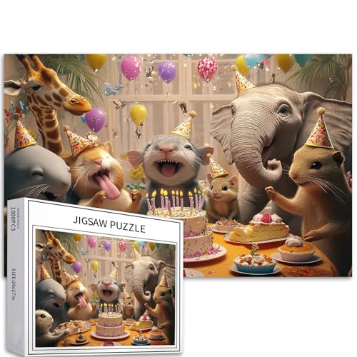 Lebendiges Tier-Party-Puzzle für Erwachsene, 1000 Teile, fröhliche Tiere, Kunst-Puzzle, herausfordernde Familienaktivitäten, buntes DIY-Bastelpuzzle für Heimdekoration, Geschenke, 68 x 50 cm von Generic