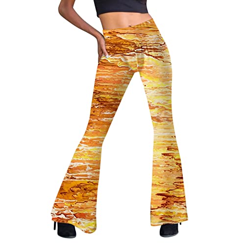 Leggings Hippie Hose Damen Festival Hose Damen Bunte Hosen Damen Damen Schlaghose Hochbund Stretch Bequeme Lange Schlag Hosen Yogahose (Yellow, M) von Generic