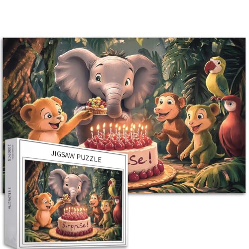 Litter Elephant and Friends Puzzle für Erwachsene, Tierpartyszene, Kunstpuzzle im Dschungel, herausfordernde Familienaktivitäten, buntes DIY-Bastelpuzzle für Heimdekoration, Geschenke, 70 × 50 cm von Generic