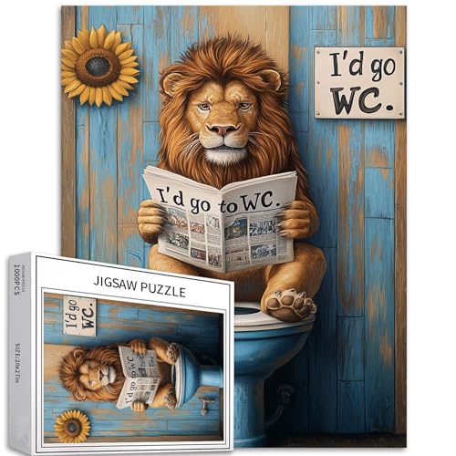 Löwe sitzt auf einem offenen WC-Sitz und liest eine Zeitung, 1000-teiliges Puzzle für Erwachsene, bunte DIY-Puzzles für Heimdekoration, Geschenke, Familienpuzzle, perfekt für Spieleabende, 68 x 50 cm von Generic