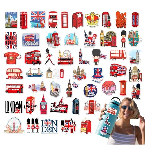 London-Reiseaufkleber – Londoner rote Busaufkleber mit britischer Flagge | Schöne Wasserbecher-Gepäckfenster-Taschenbuch-Dekorationsaufkleber. 50 britische London-Aufkleber, britische Flagge, London, von Generic