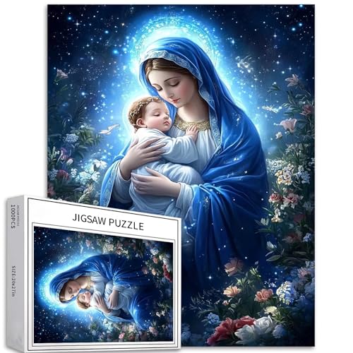 Madonna Holding Baby Jesus 1000 Teile Puzzle für Erwachsene 68,6 x 50,8 cm Theotokos Puzzles Jungfrau Maria Puzzle Bunte DIY-Puzzles für Heimdekoration, Geschenke, Familienpuzzle, perfekt für von Generic