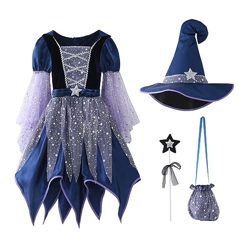 Mädchen Hexenn Kostüm Hexenkostüm Kinder Zauberer verkleiden Cosplay Kostüm Set, Mädchen Halloween Faschinge Karneval Party Bekleidung Hut Tasche Stick Vier Stück Outfits Set (Blue, 8-10 Years) von Generic