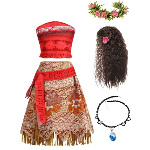 Mädchen Moanna Prinzessinnenkleid Vaiana Verkleidung Halloween Fasching Weihnachten Kostüm für Kinder Zubehör Halskette Blumenreife Haarspange mit Perücke 2025 von Generic