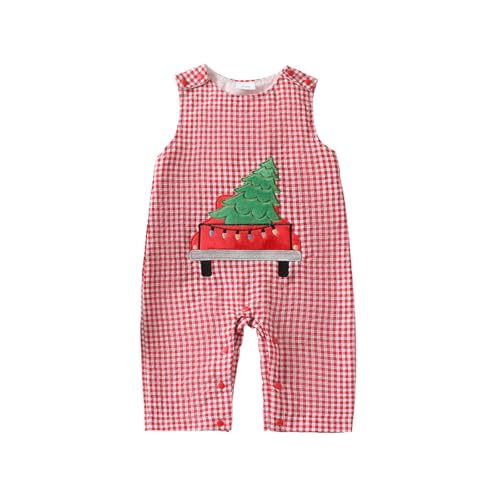 Mädchen Outfits Weihnachts wojonifuiliy01 Kleinkind Jungen Mädchen Weihnachten Ärmellos Cartoon Sticken Strampler Plaid Kostüm Overall (Red, 0-3 Months) von Generic