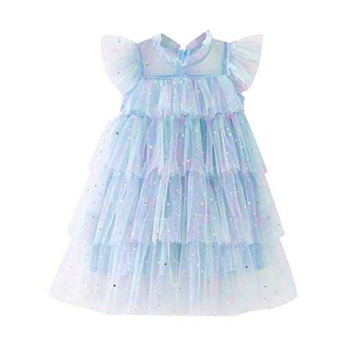 Mädchen Tutu Karneval - Kleinkind Mädchen Fliegen Ärmel Regenbogen Stern Pailletten Drucke Tüll Prinzessin Kleid Tanzparty Kleider Kleidung für Party Karneval Showtanz (Blue, 2-3 Years) von Generic