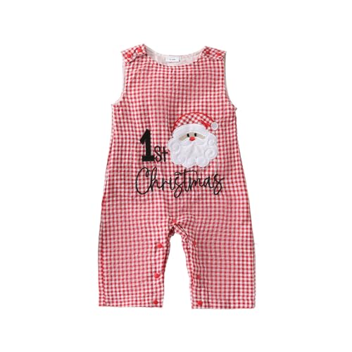 Mädchen Weihnachts Outfits&Set wojonifuiliy01 Kleinkind Jungen Mädchen Weihnachten Ärmellos Cartoon Sticken Strampler Plaid Kostüm Overall Christmas (Red, 0-3 Months) von Generic