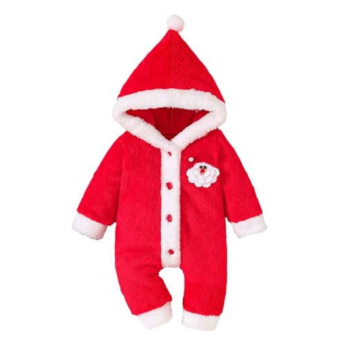 Mädchen Weihnachts Outfits&Set wojonifuiliy01 Langarm-Bodysuit für Kleinkinder, weihnachtlicher Kapuzen-Bodysuit Plüsch, Krabbelanzug, Overall Wintermantel Christmas (Red, 6-9 Months) von Generic