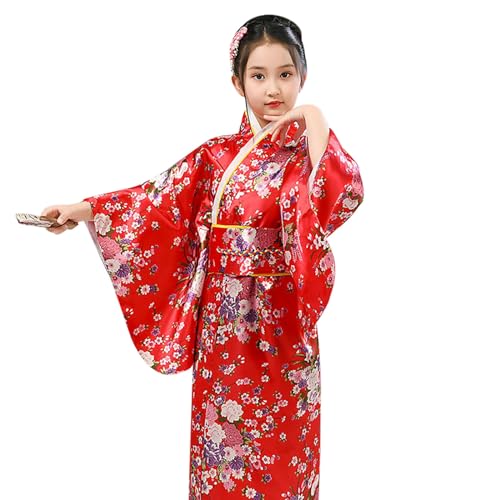 Mädchen Yukata Kimono Japanisches Traditionelles Kleid Satin Kimono Kleid Für Kinder Anime Robe Kostüm Japanischer Stil Kimono Yukata Ballkleid Abendkleider Karneval Halloween (1-Red, 4-5 Years) von Generic