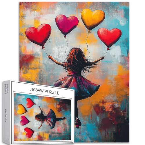 Mädchen fliegen 1000 Teile Puzzle für Erwachsene, herzförmiger Ballon, Banksy-Stil, Kunst-Puzzle, bunte DIY-Puzzles für Heimdekoration, Geschenke, Familienpuzzle, perfekt für Spielabende, 50,8 x 68,9 von Generic