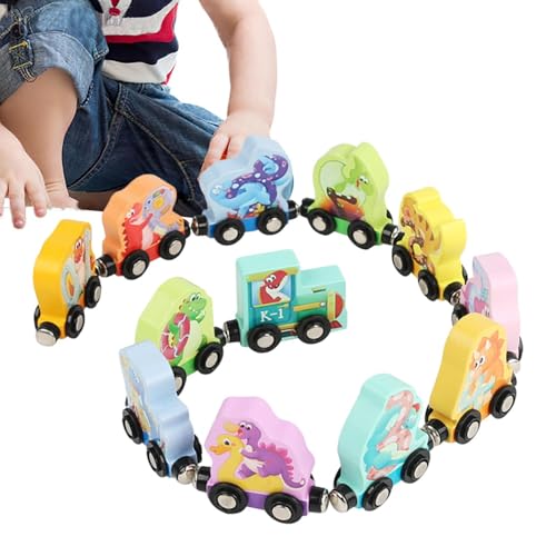 Magnetisches Dinosaurier-Zugspielzeug, Holzeisenbahn-Set für Kleinkinder - Tierisches magnetisches Zahlenspielzeugauto-Set,Lernzugspielzeug zum Zählen und zur Entwicklung motorischer Fähigkeiten von Generic