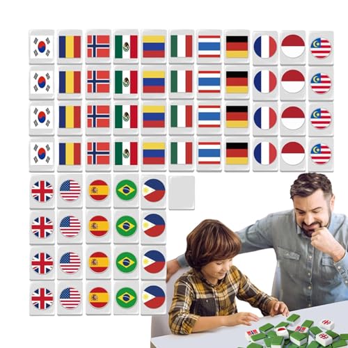 Mahjong Karten Set, MAh Jongg Set | Mahjong Spiel Strategiespiel - Mahjong mit Nationalflagge, 64 Bausteine, tragbare Gesellschaftsspiele mit Mahjong Fliesen für Spaß von Generic