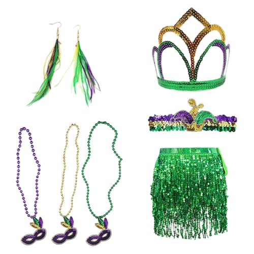 Mardi Gras Kostüm Zubehör-Set, Glänzend Pailletten Tutu Rock mit Kunstfeder Stirnband und Maske und Krone und Dreifarbige Perlen Halsketten Karneval Decoration für Frauen und Mädchen, C von Generic