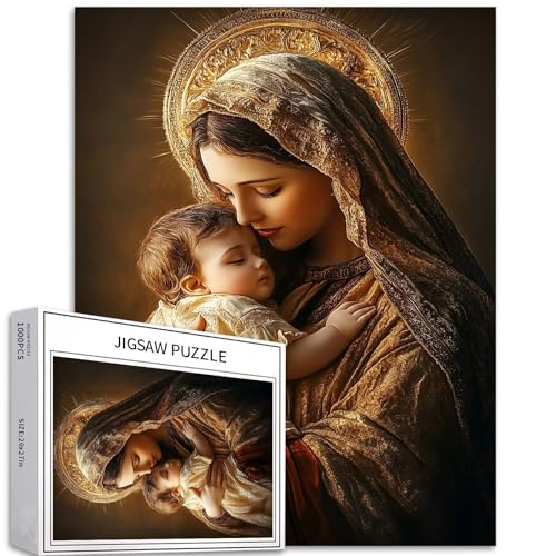 Mary Holding Baby Jesus 1000 Teile Puzzle Warme Mutterschaft Kunst Puzzle Christliches Puzzle für Heimdekoration, Geschenke, Familienpuzzle, perfekt für Spielabende, 50,8 x 68,6 cm von Generic