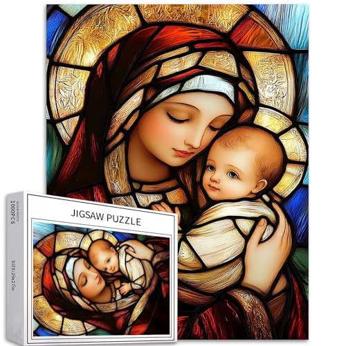 Mary Holding Baby Jesus 1000 Teile Puzzle für Erwachsene, Buntglas-Kunst-Puzzle, bunte DIY-Puzzles für Heimdekoration, Geschenke, Familienpuzzle, perfekt für Spielabende, 50,8 x 68,9 cm von Generic