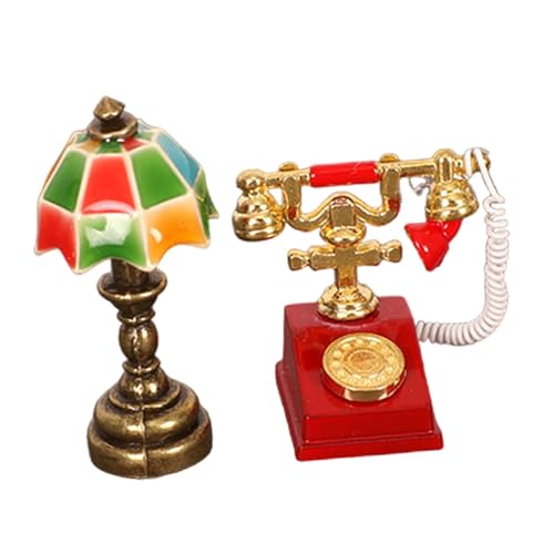 Miniatur Lampe Und Wählscheiben Telefon Set für Puppenhaus, Tischlampe Und Telefonmodell Im Maßstab 1/12, Mehrfarbig von Generic