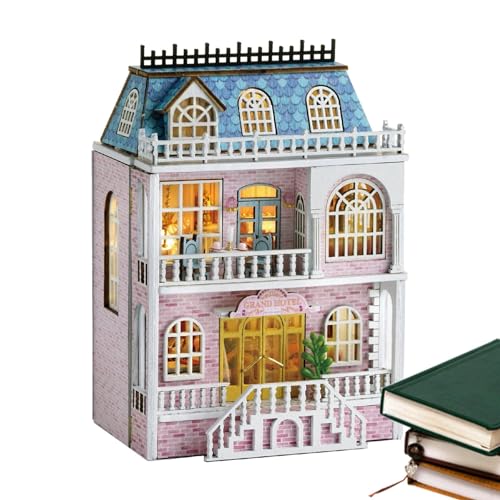 Miniatur-Puppenhaus-Set, handgefertigtes Kunsthandwerk, Miniaturhaus-Set | Puppenhaus aus Holz mit Scharnieren und LED, Modellbau, Dekoration, kreativer Raum für Erwachsene und Jugendliche von Generic