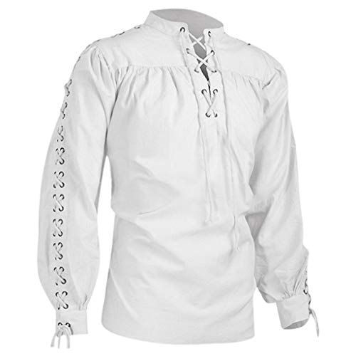 Mittelalter Hemd Herren Übergröße Renaissance Hemd Schnürung Piratenhemd Cosplay Kostüm Viktorianisch Steampunk Shirt Lose Fit Langarm Leinen Hemd Halloween Karneval Kleidung von Generic