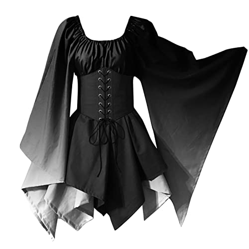 Mittelalter Kleid Damen Renaissance Kleid Traditionelles Irisches Kurz Kleid Mittelalter Renaissance Kostüm Trompetenärmel Vintage KurzKleid mit Korsett für Halloween Cosplay Karneval Kostüm von Generic