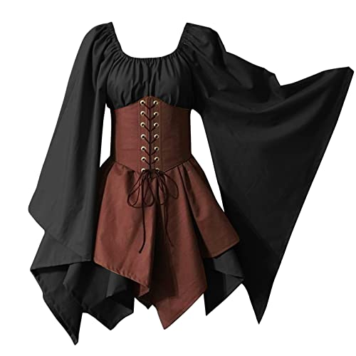 Mittelalter Kleid Damen Renaissance Kleid Traditionelles Irisches Kurz Kleid Mittelalter Renaissance Kostüm Trompetenärmel Vintage KurzKleid mit Korsett für Halloween Cosplay Karneval Kostüm von Generic