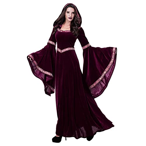 Mittelalter Kleidung Damen Halloween Kostüm Damen Hexenkostüm 80er Jahre Mittelalter Kleider für Frauen Goldener Samt Trompetenärmel Retro Kostüm Renaissance Kleid Partykleid Vintage Clothes von Generic