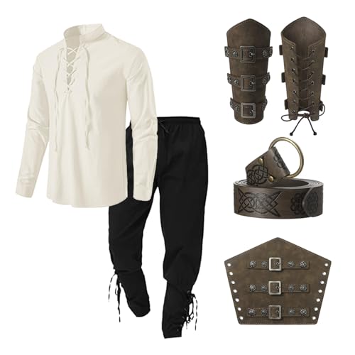 Mittelalter Kleidung Herren Renaissance Viktorian Piraten Hemd Top with Hose Männer Medieval Pirat Costume with Kniebundhose Männer Armschützer Steampunk Ritter Gürtel Mode von Generic