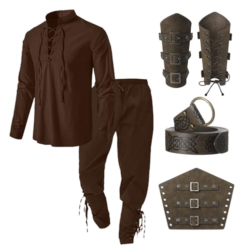 Mittelalter Kleidung Herren Renaissance Viktorian Piraten Hemd Top with Hose Männer Medieval Pirat Costume with Kniebundhose Männer Armschützer Steampunk Ritter Gürtel lustige Casual Herrenhosen von Generic