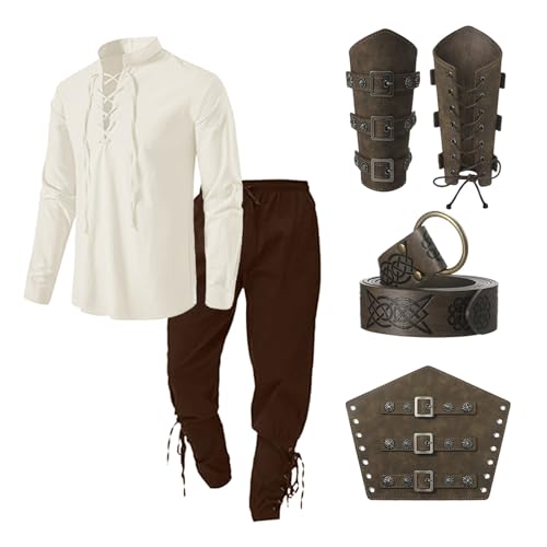 Mittelalter Kleidung Herren Renaissance Viktorian Piraten Hemd Top with Hose Männer Medieval Pirat Costume with Kniebundhose Männer Armschützer Steampunk Ritter Gürtel lustige Outfits von Generic